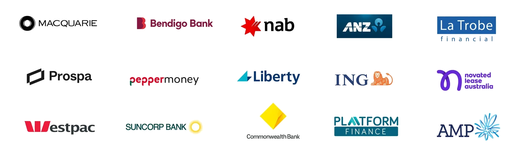 Lenders I work with: ANZ, NAB, Westpac, Commonwealth Bank, Macquarie, Bendigo Bank, ING, Suncorp, La Trobe Financial, Liberty, Pepper Money, Prospa